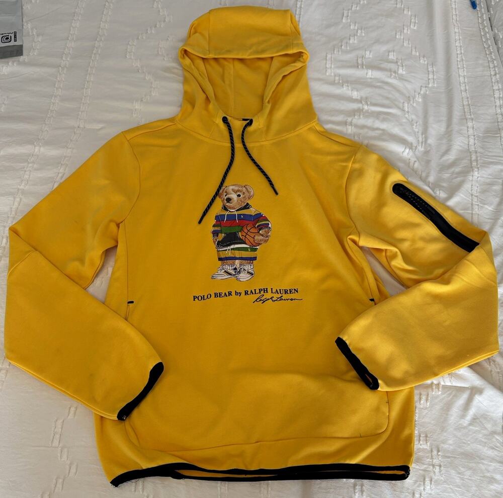 Polo Ralph Lauren Polo Bear Yellow Pullover Hoodie Fleece Pockets Men's S
